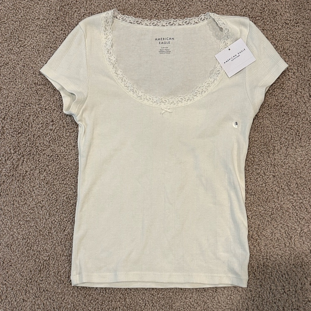 NWT American Eagle Outfitters Ivory Lace Trim Tee
